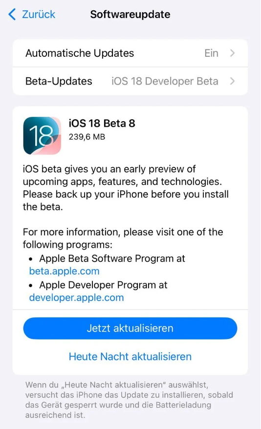 本号镇苹果手机维修分享苹果 iOS / iPadOS 18 开发者预览版 Beta 8 发布 